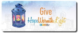 Button with watercolor background a foreground lantern with the words Give Hope, Warmth, Light with the Crisis Assistance Ministry logo