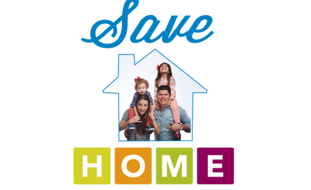 Campaign Logo showing Family with Mom, Dad, and 2 little girls inside an outline of a house with the words "Save Home"