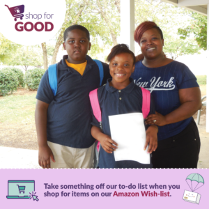 Smiling family with children in school uniforms wearing backpacks in a frame promoting Shop for Good week