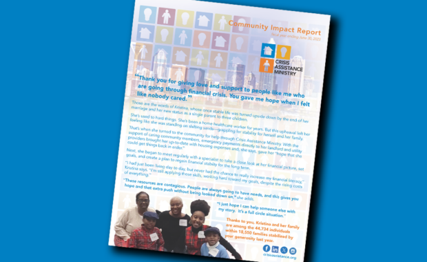 Imagine of the front of the community impact report against a blue background